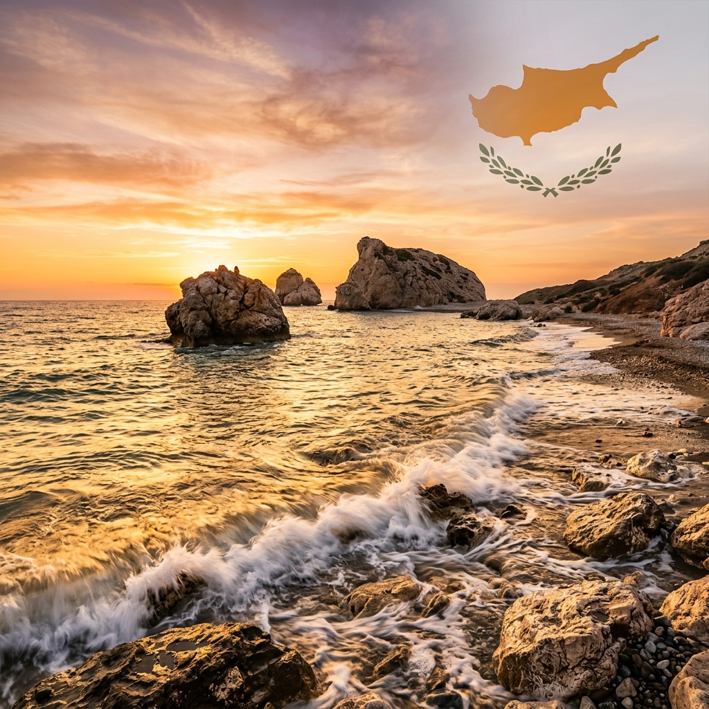 Cyprus Aphrodite's Rock and Flag